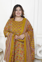 Plus Size Mustard Cotton Printed Kurta Pant Set with Dupatta-200062
