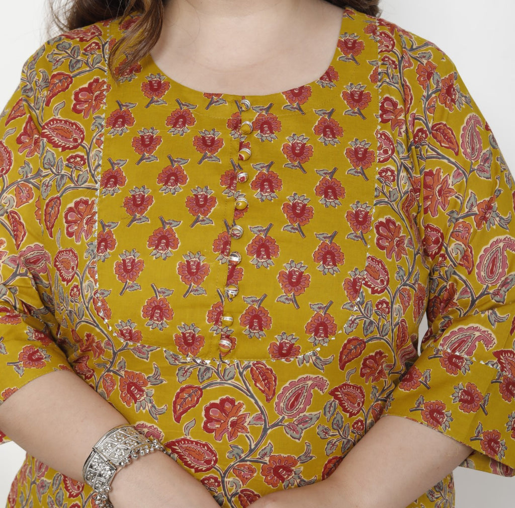 Plus Size Mustard Cotton Printed Kurta Pant Set with Dupatta-200062
