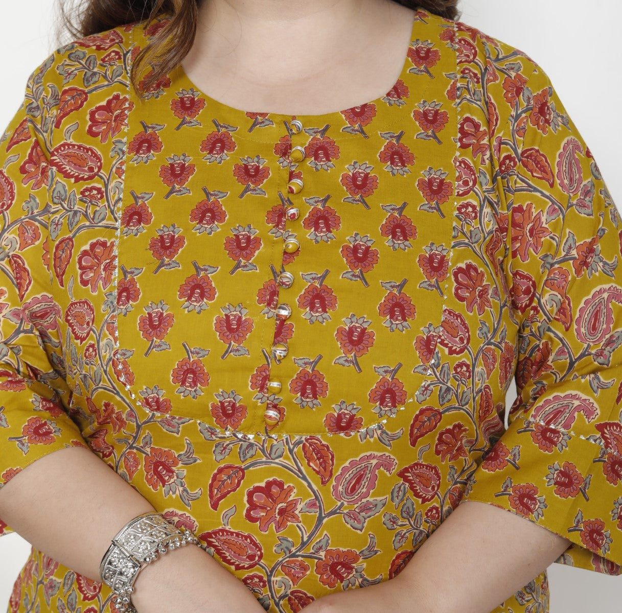 Plus Size Mustard Cotton Printed Kurta Pant Set with Dupatta-200062