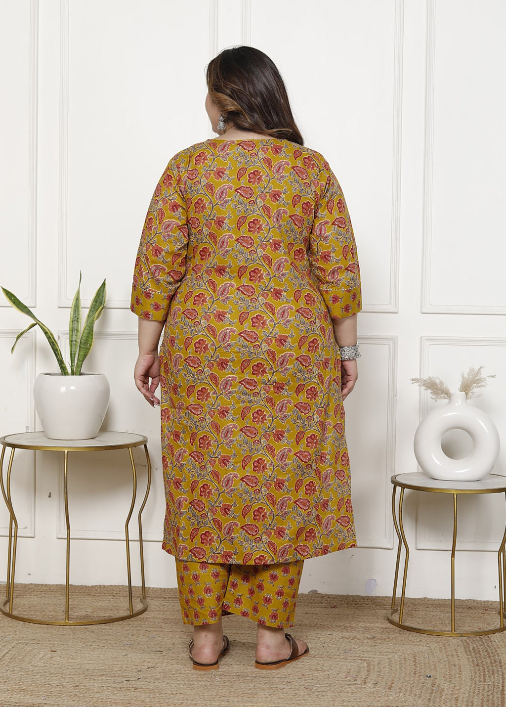 Plus Size Mustard Cotton Printed Kurta Pant Set with Dupatta-200062