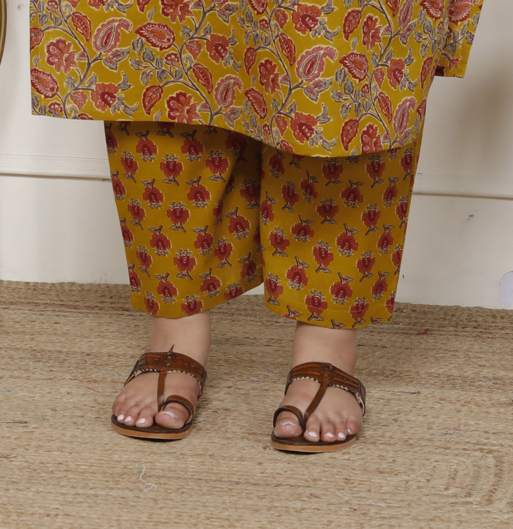 Plus Size Mustard Cotton Printed Kurta Pant Set with Dupatta-200062