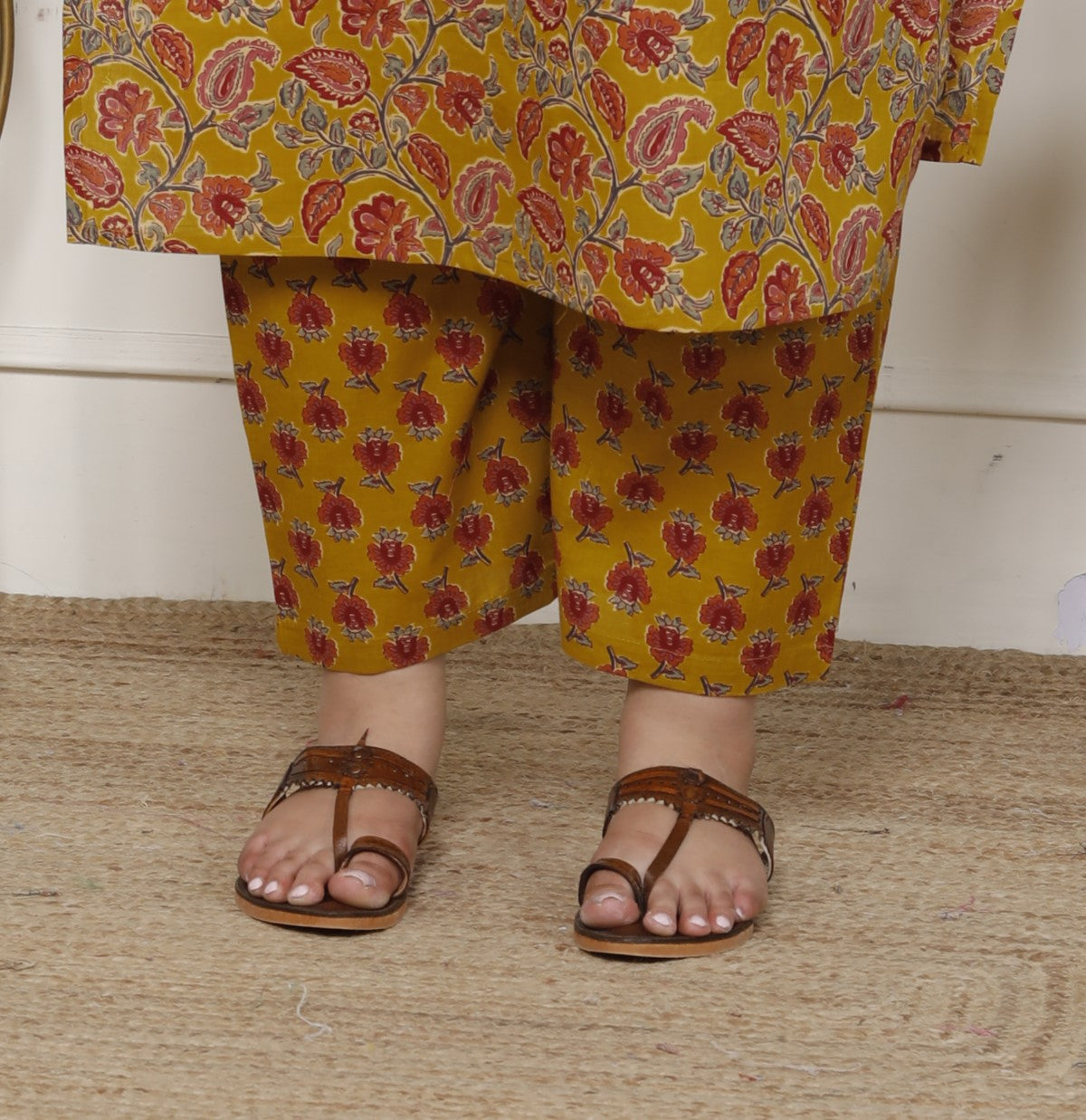 Plus Size Mustard Cotton Printed Kurta Pant Set with Dupatta-200062