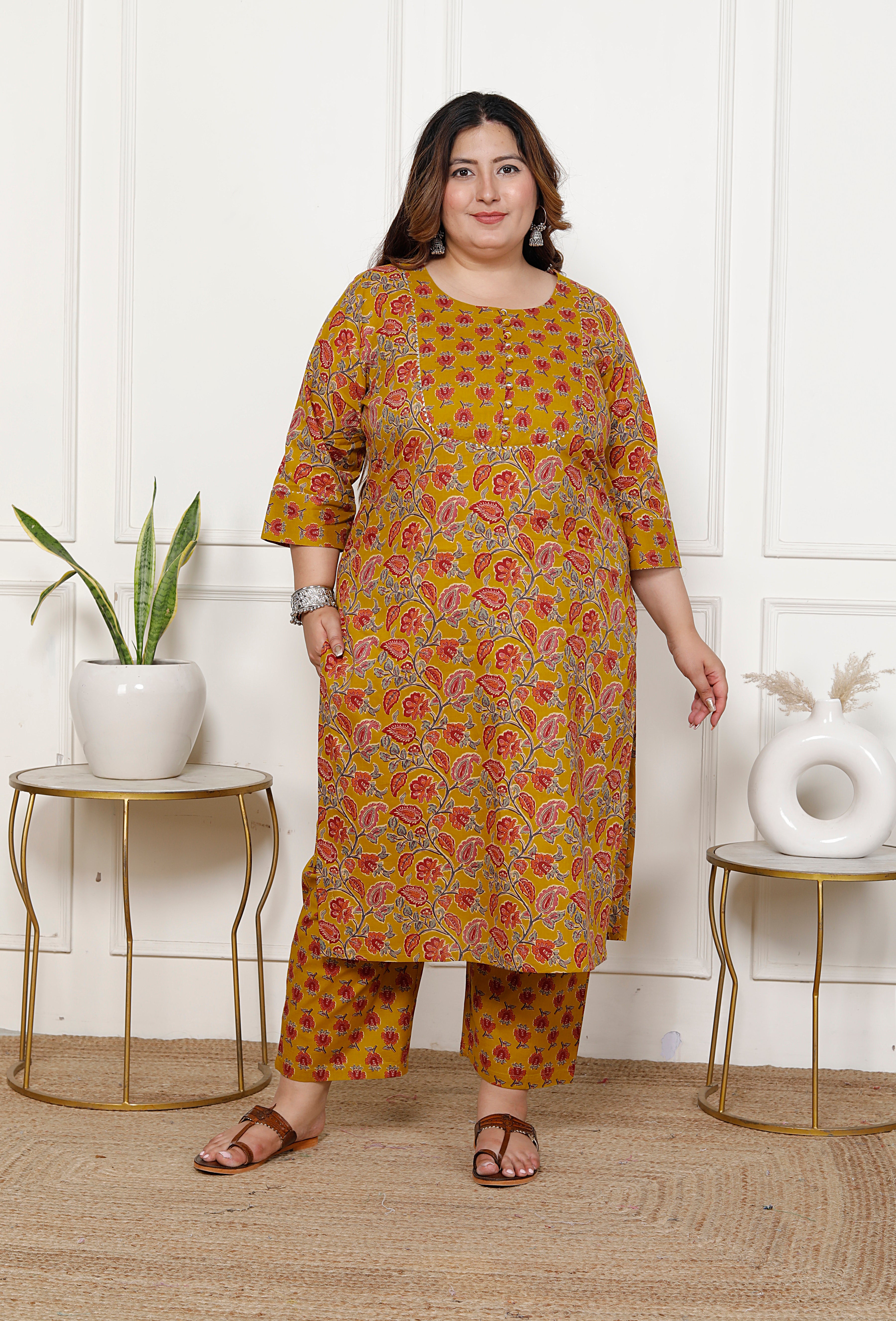 Plus Size Mustard Cotton Printed Kurta Pant Set with Dupatta-200062