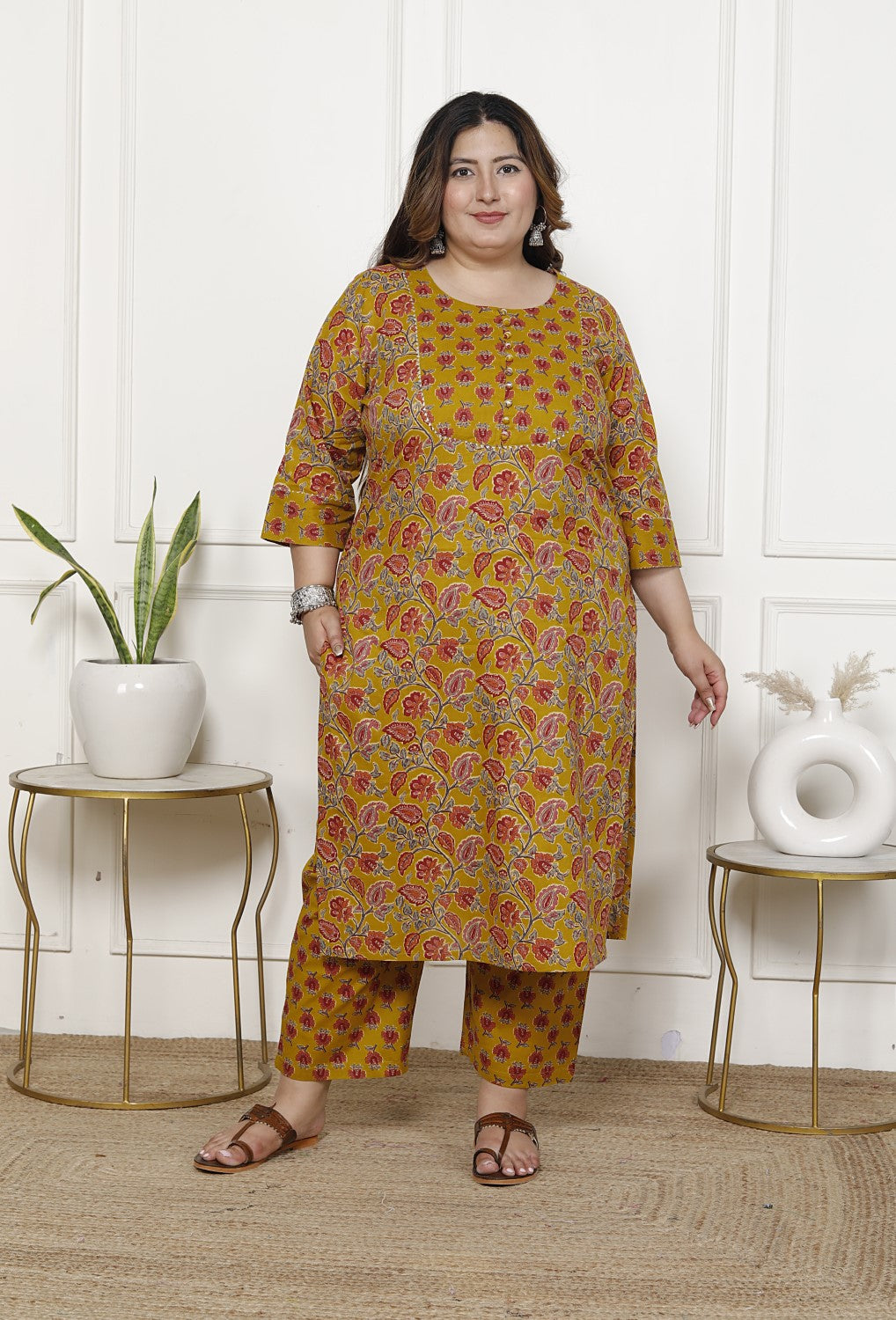 Plus Size Mustard Cotton Printed Kurta Pant Set with Dupatta-200062