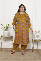 Plus Size Mustard Cotton Printed Kurta Pant Set with Dupatta-200062