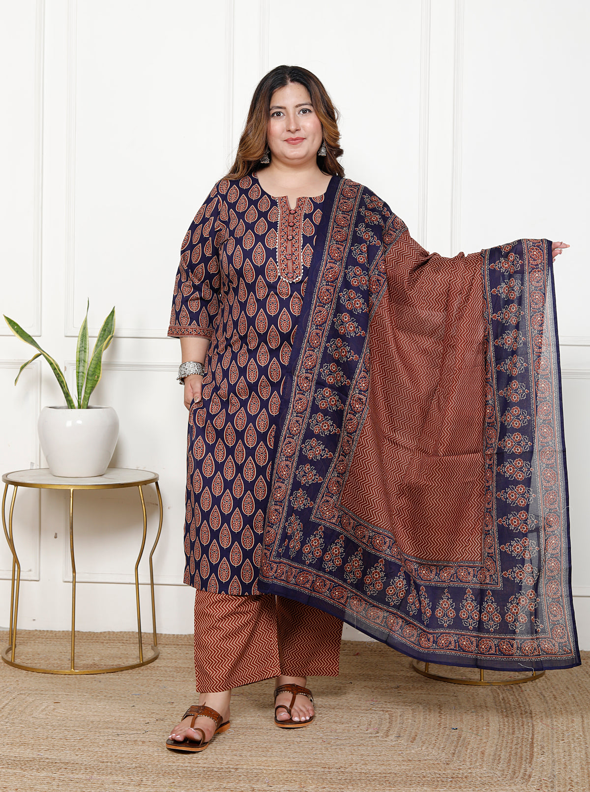 Plus Size Navy  Blue Cotton Printed Kurta Pant Set with Dupatta-200063