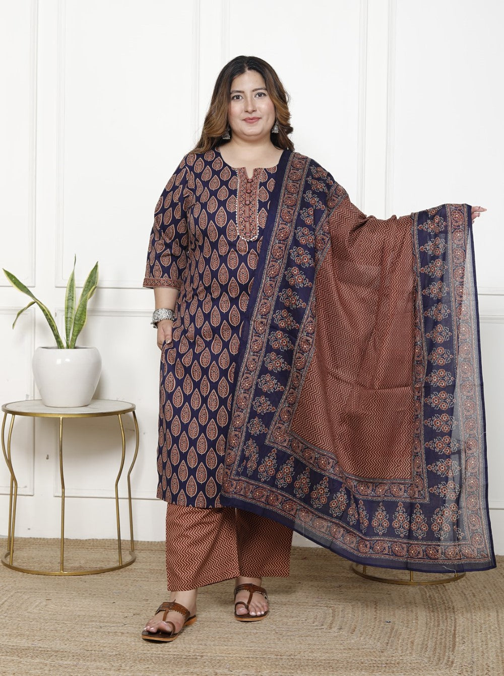 Plus Size Navy  Blue Cotton Printed Kurta Pant Set with Dupatta-200063 Main image