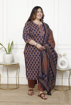 Plus Size Navy  Blue Cotton Printed Kurta Pant Set with Dupatta-200063