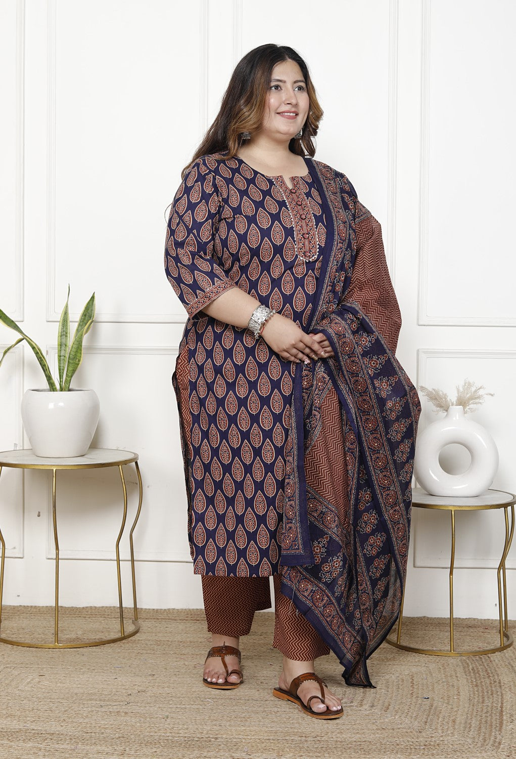 Plus Size Navy  Blue Cotton Printed Kurta Pant Set with Dupatta-200063