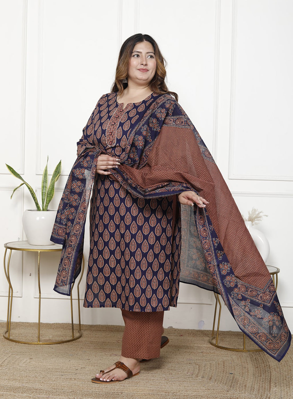 Plus Size Navy  Blue Cotton Printed Kurta Pant Set with Dupatta-200063