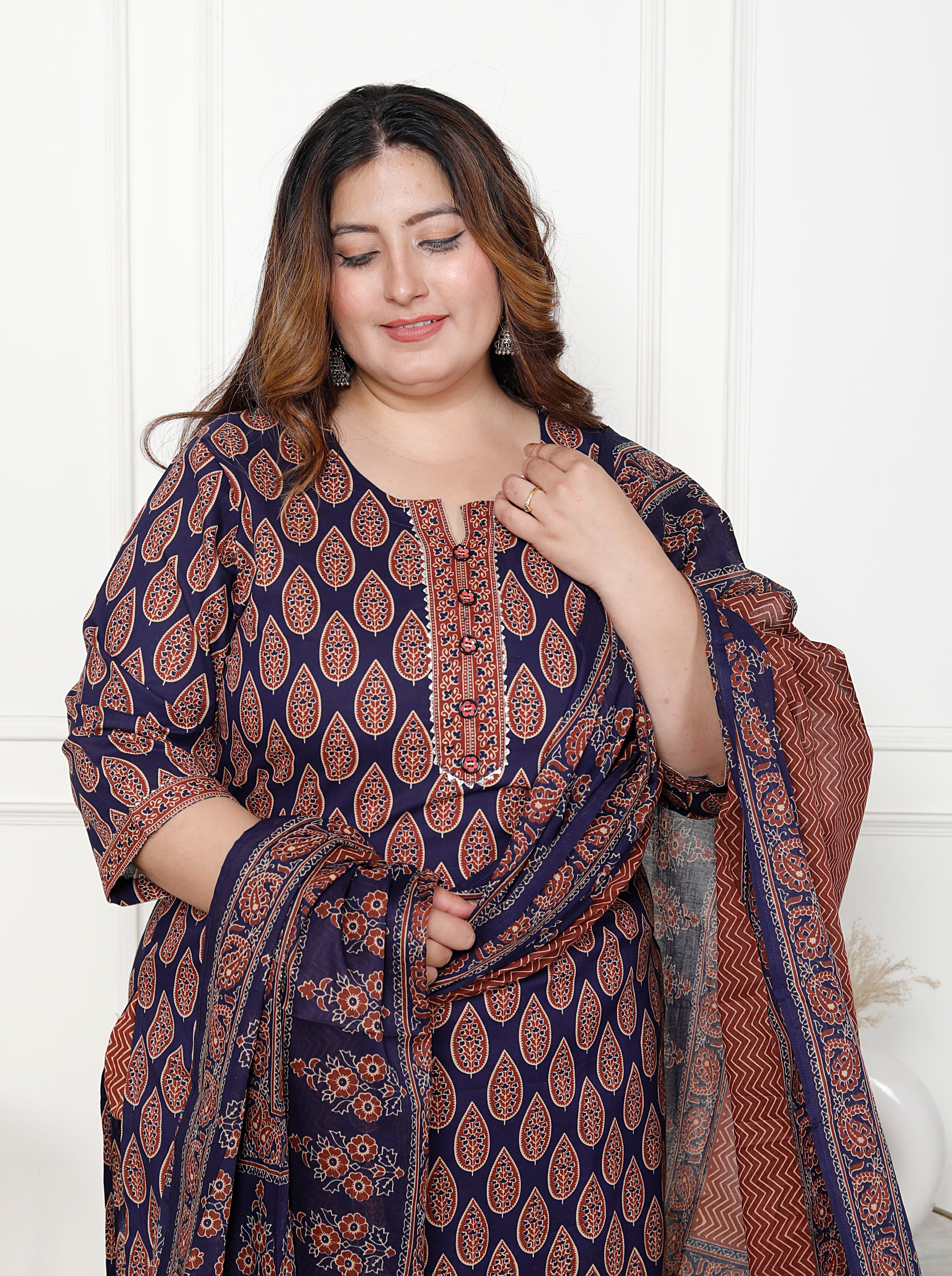 Plus Size Navy  Blue Cotton Printed Kurta Pant Set with Dupatta-200063