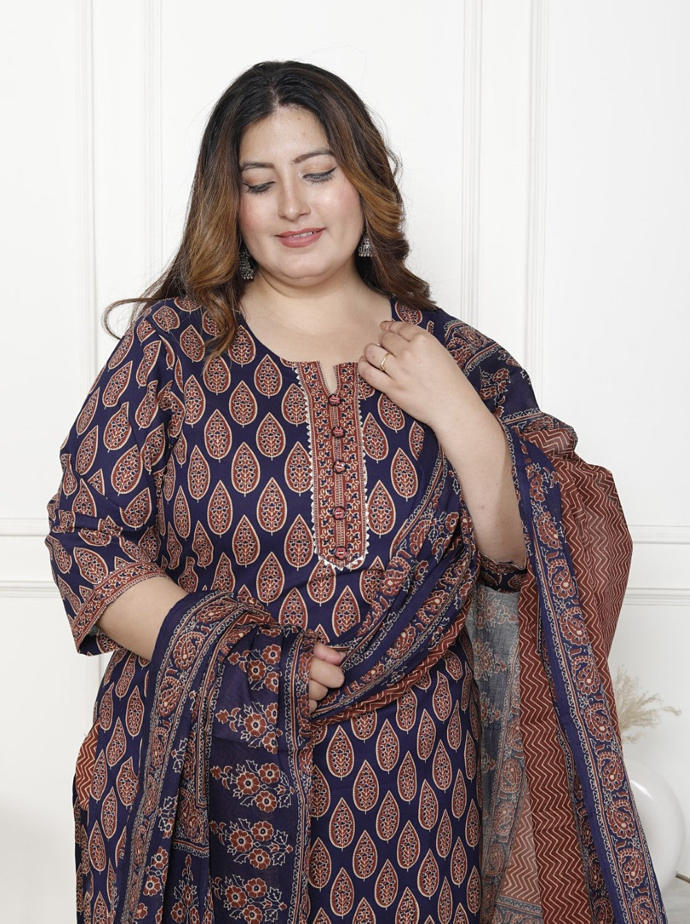 Plus Size Navy  Blue Cotton Printed Kurta Pant Set with Dupatta-200063