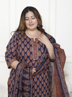 Plus Size Navy  Blue Cotton Printed Kurta Pant Set with Dupatta-200063