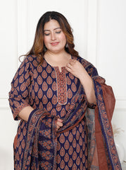 Plus Size Navy  Blue Cotton Printed Kurta Pant Set with Dupatta-200063