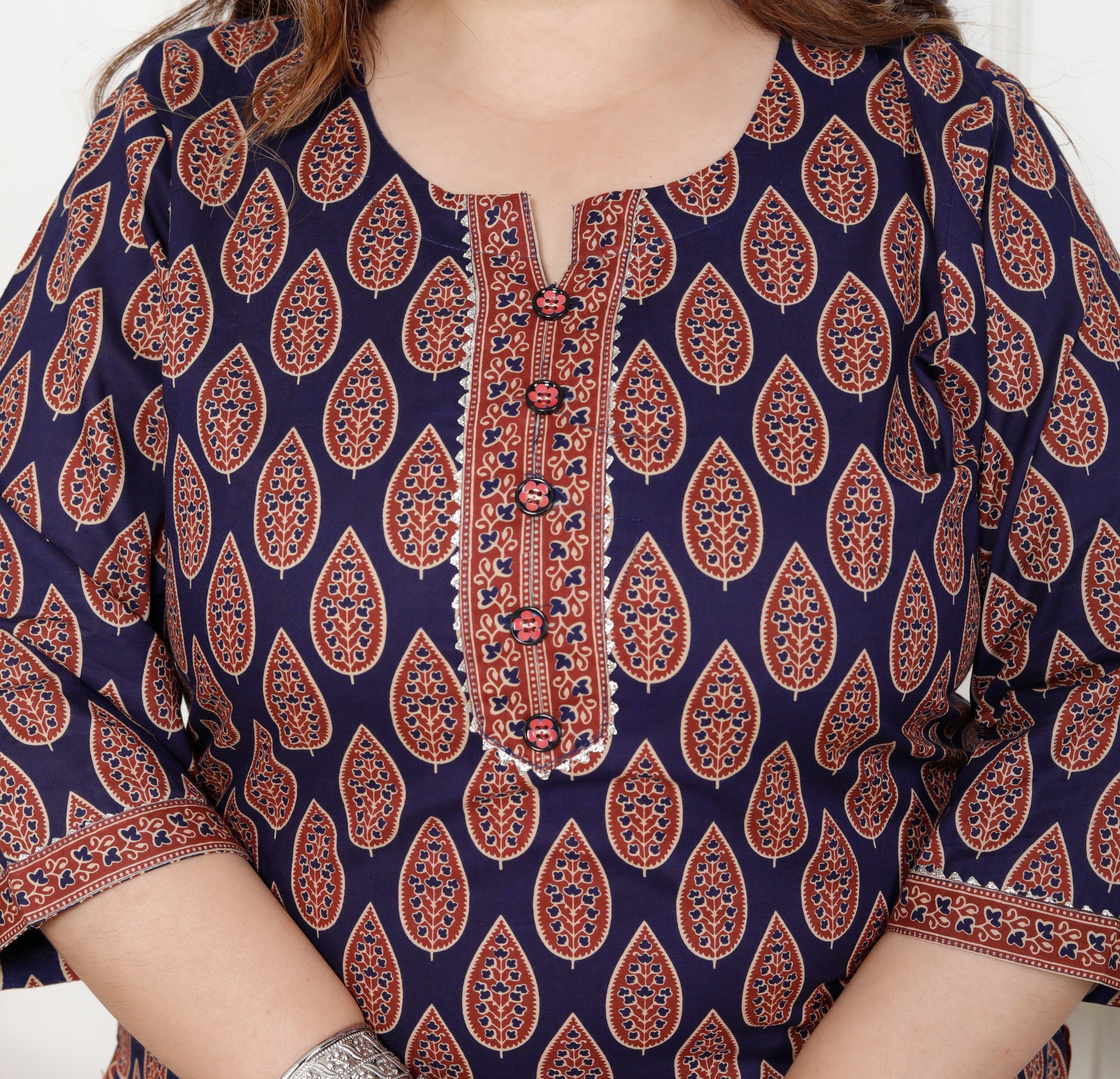Plus Size Navy  Blue Cotton Printed Kurta Pant Set with Dupatta-200063