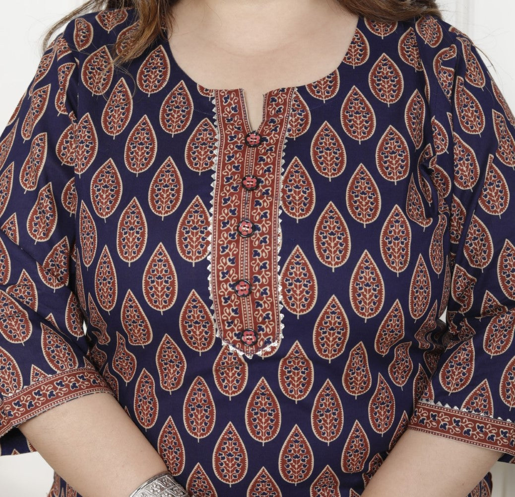 Plus Size Navy  Blue Cotton Printed Kurta Pant Set with Dupatta-200063