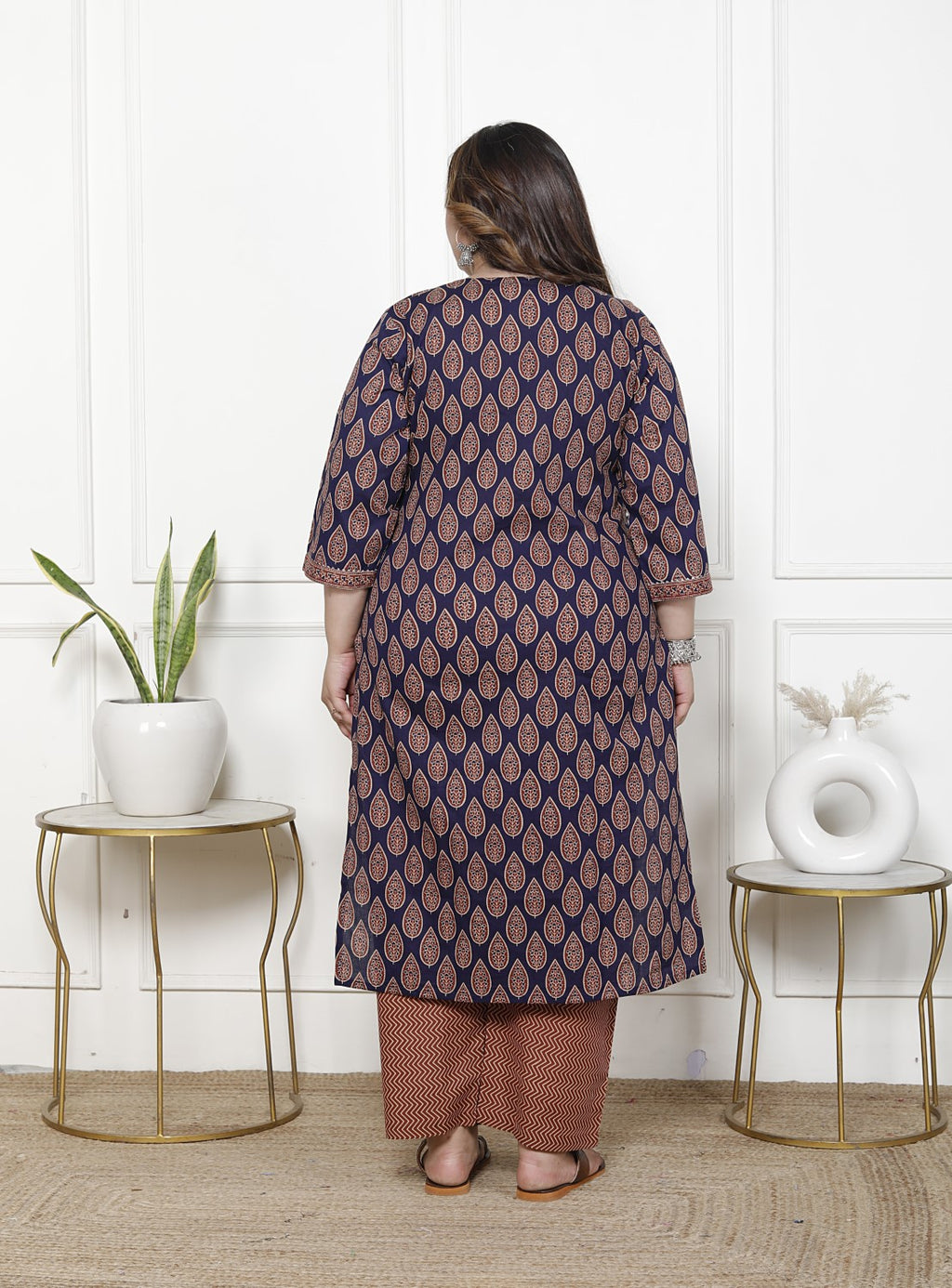 Plus Size Navy  Blue Cotton Printed Kurta Pant Set with Dupatta-200063