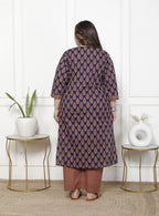 Plus Size Navy  Blue Cotton Printed Kurta Pant Set with Dupatta-200063