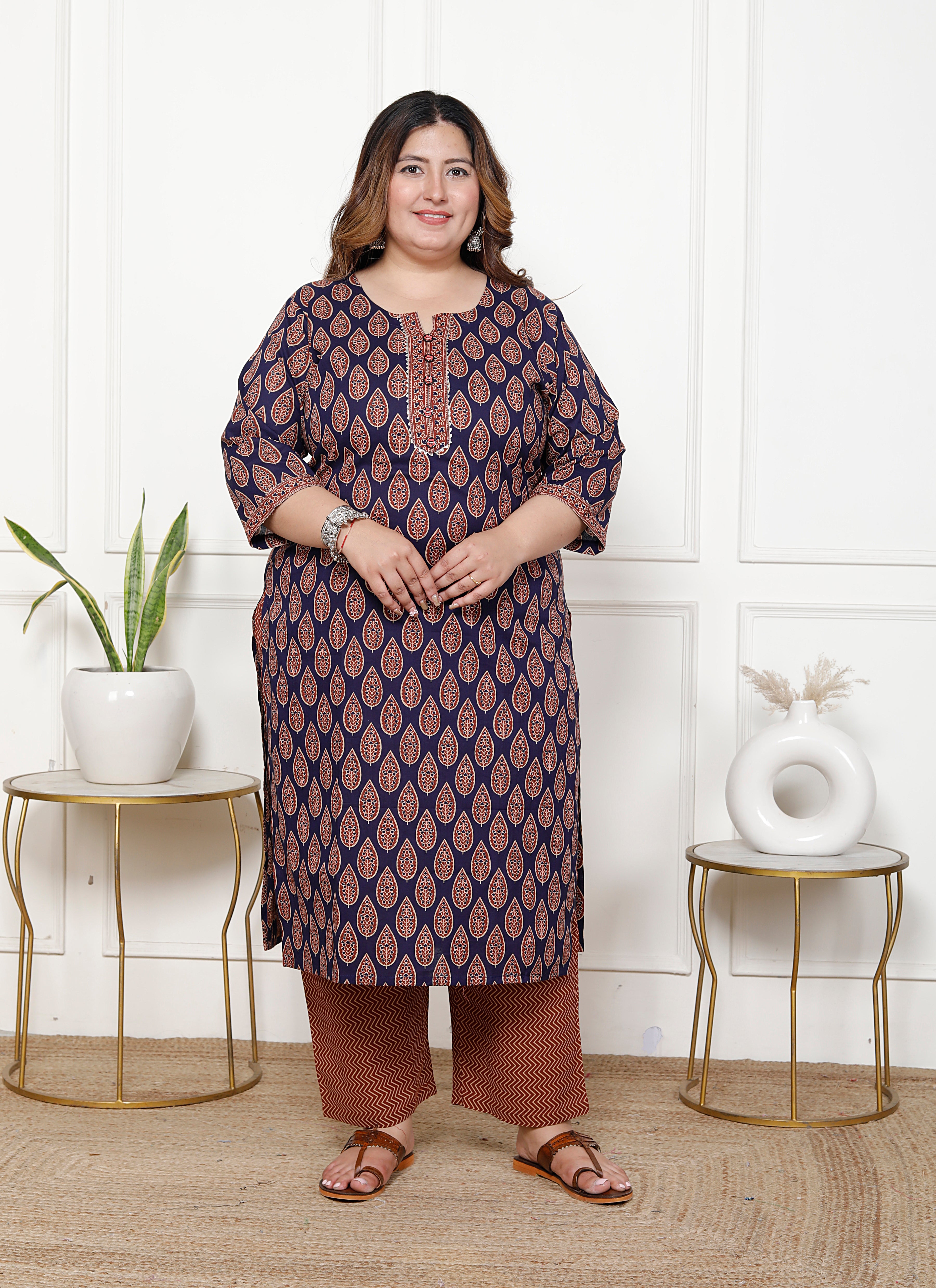 Plus Size Navy  Blue Cotton Printed Kurta Pant Set with Dupatta-200063