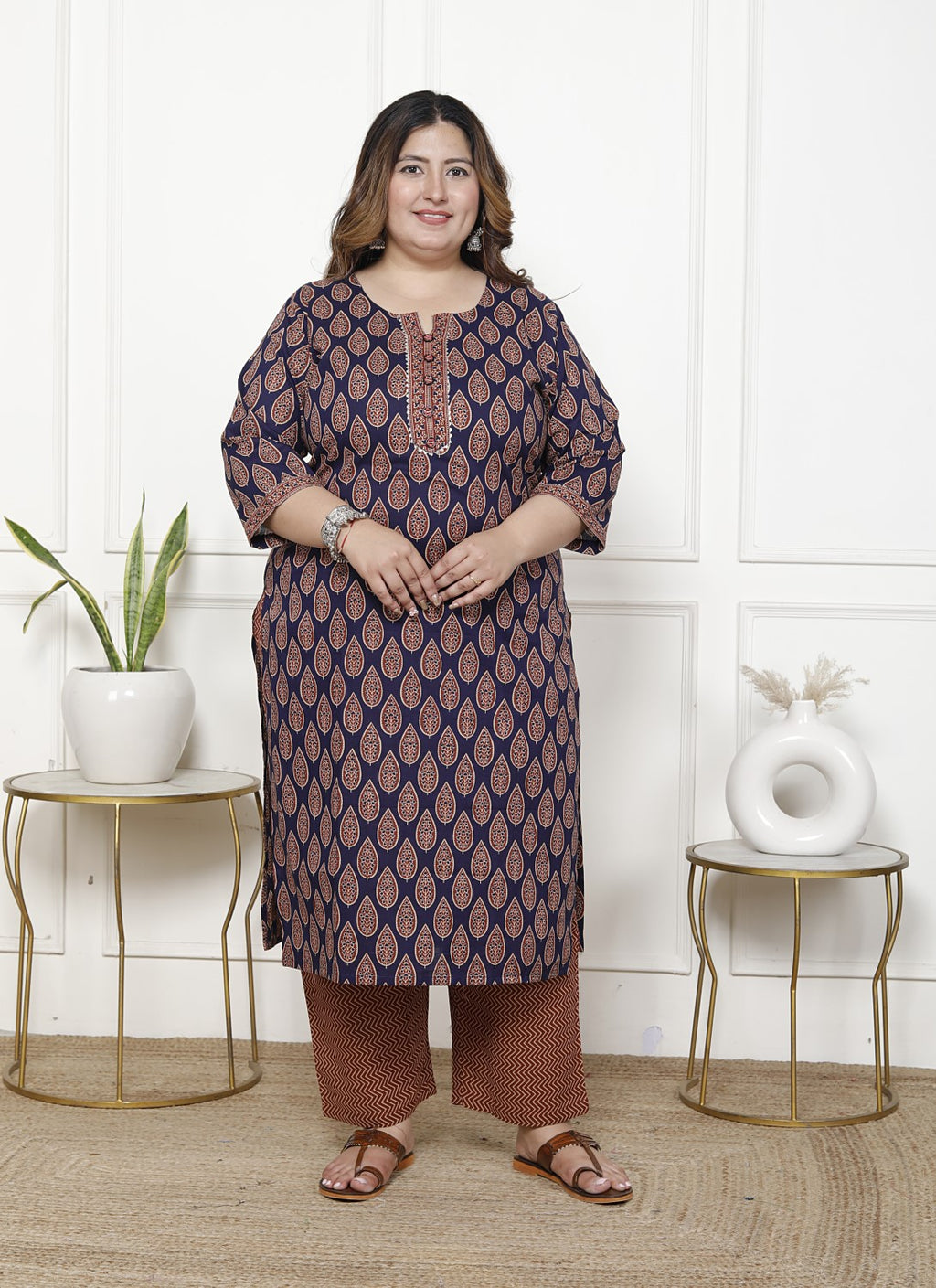 Plus Size Navy  Blue Cotton Printed Kurta Pant Set with Dupatta-200063