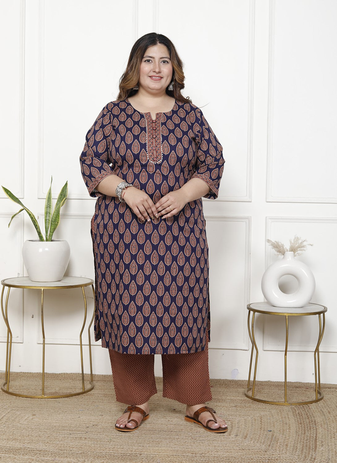 Plus Size Navy  Blue Cotton Printed Kurta Pant Set with Dupatta-200063