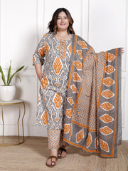 Plus Size Orange Cotton Printed Kurta Pant Set with Dupatta-200064