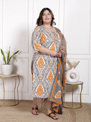 Plus Size Orange Cotton Printed Kurta Pant Set with Dupatta-200064