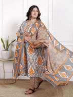 Plus Size Orange Cotton Printed Kurta Pant Set with Dupatta-200064