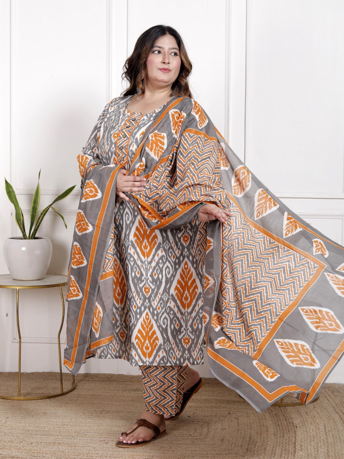 Plus Size Orange Cotton Printed Kurta Pant Set with Dupatta-200064