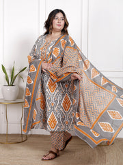 Plus Size Orange Cotton Printed Kurta Pant Set with Dupatta-200064