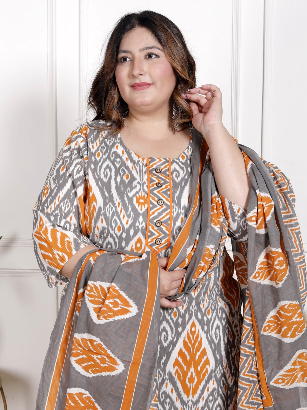 Plus Size Orange Cotton Printed Kurta Pant Set with Dupatta-200064