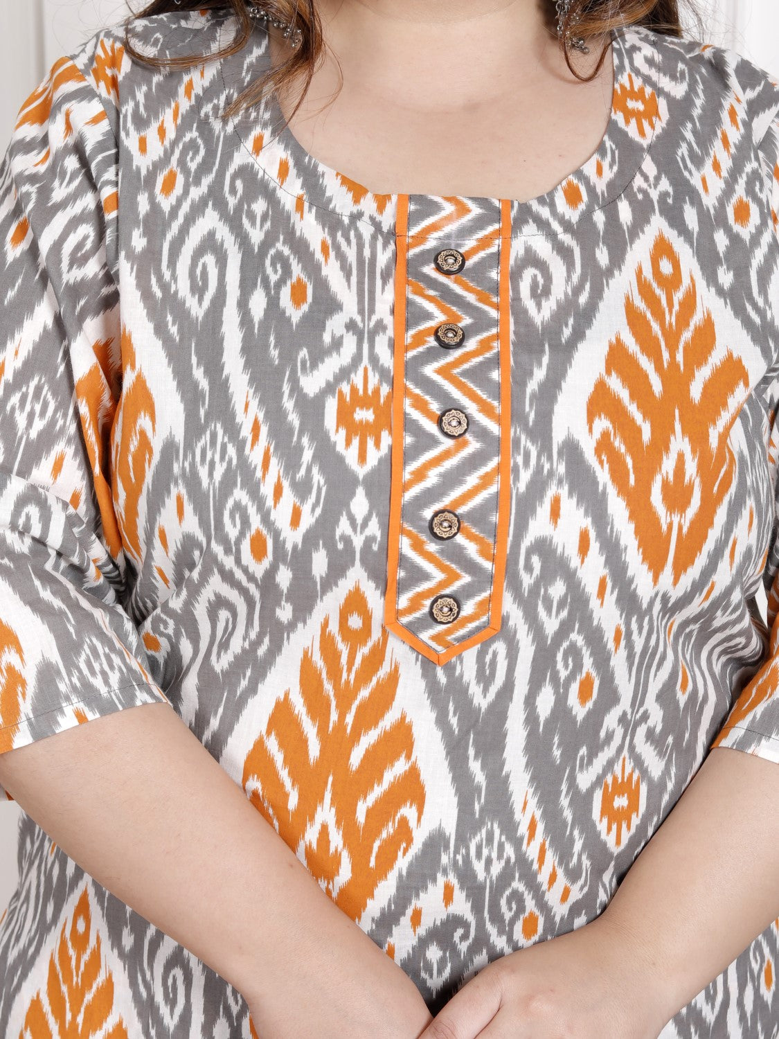 Plus Size Orange Cotton Printed Kurta Pant Set with Dupatta-200064