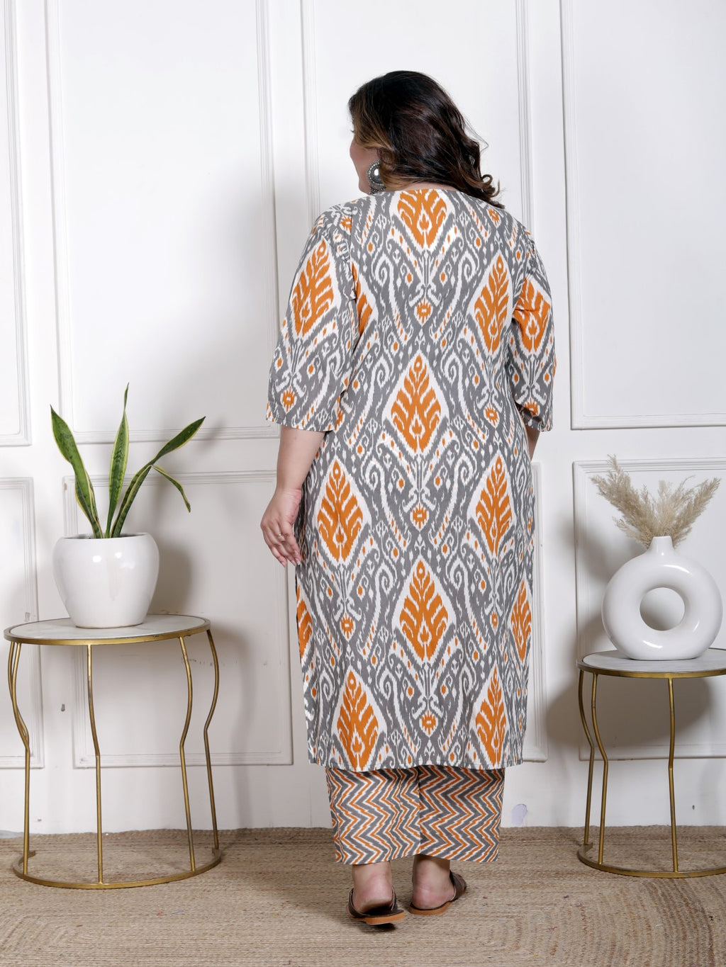 Plus Size Orange Cotton Printed Kurta Pant Set with Dupatta-200064