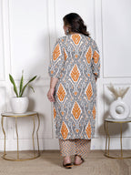 Plus Size Orange Cotton Printed Kurta Pant Set with Dupatta-200064