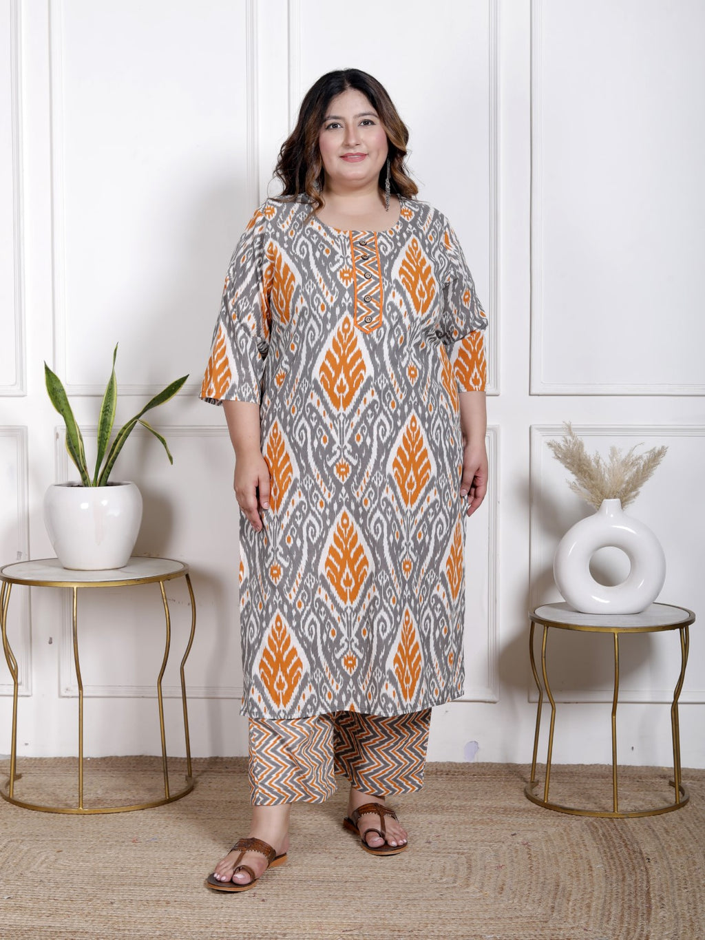 Plus Size Orange Cotton Printed Kurta Pant Set with Dupatta-200064