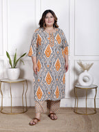 Plus Size Orange Cotton Printed Kurta Pant Set with Dupatta-200064