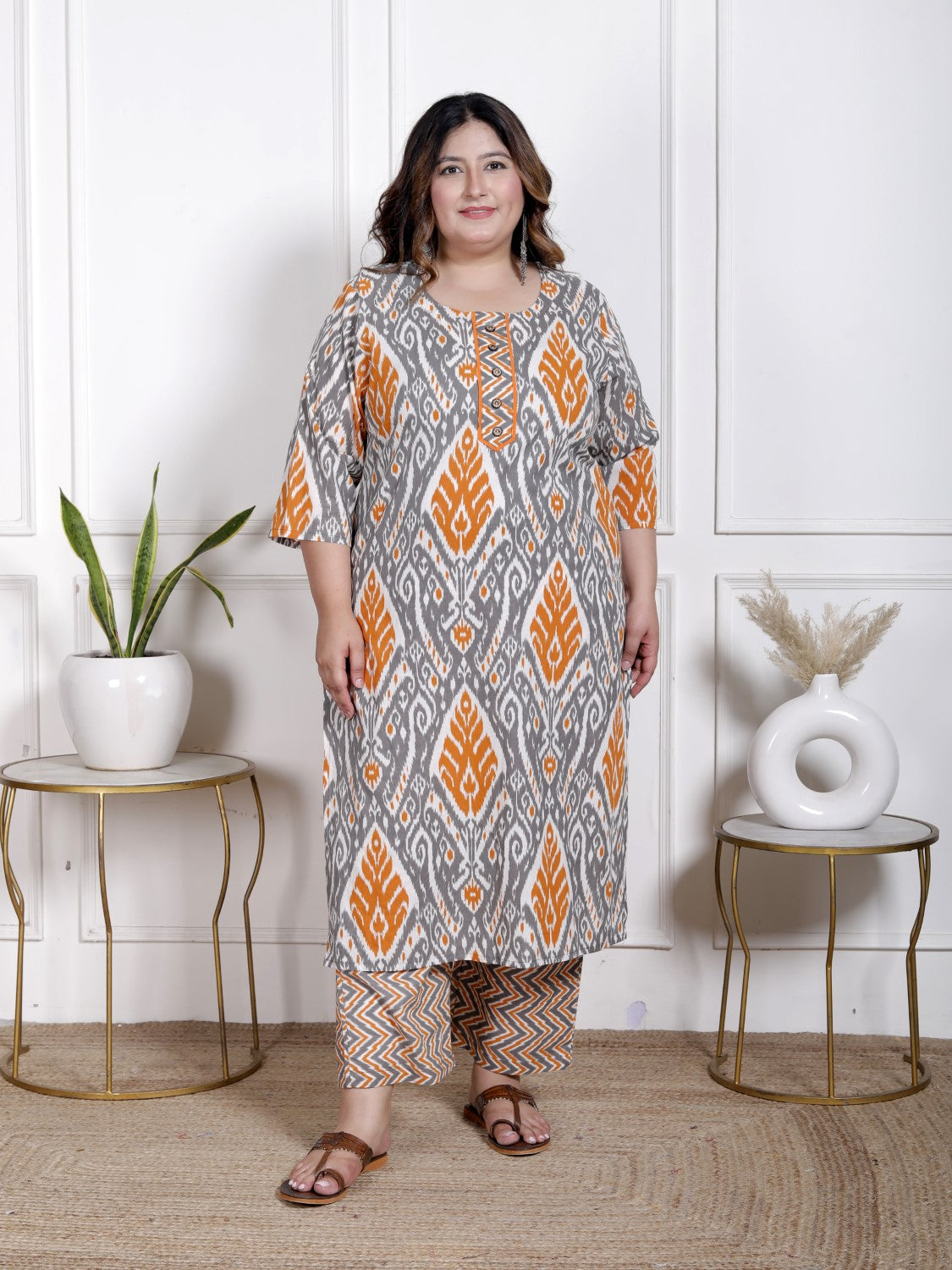 Plus Size Orange Cotton Printed Kurta Pant Set with Dupatta-200064