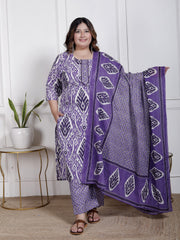 Plus Size Purple Cotton Printed Kurta Pant Set with Dupatta-200065