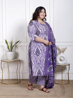 Plus Size Purple Cotton Printed Kurta Pant Set with Dupatta-200065