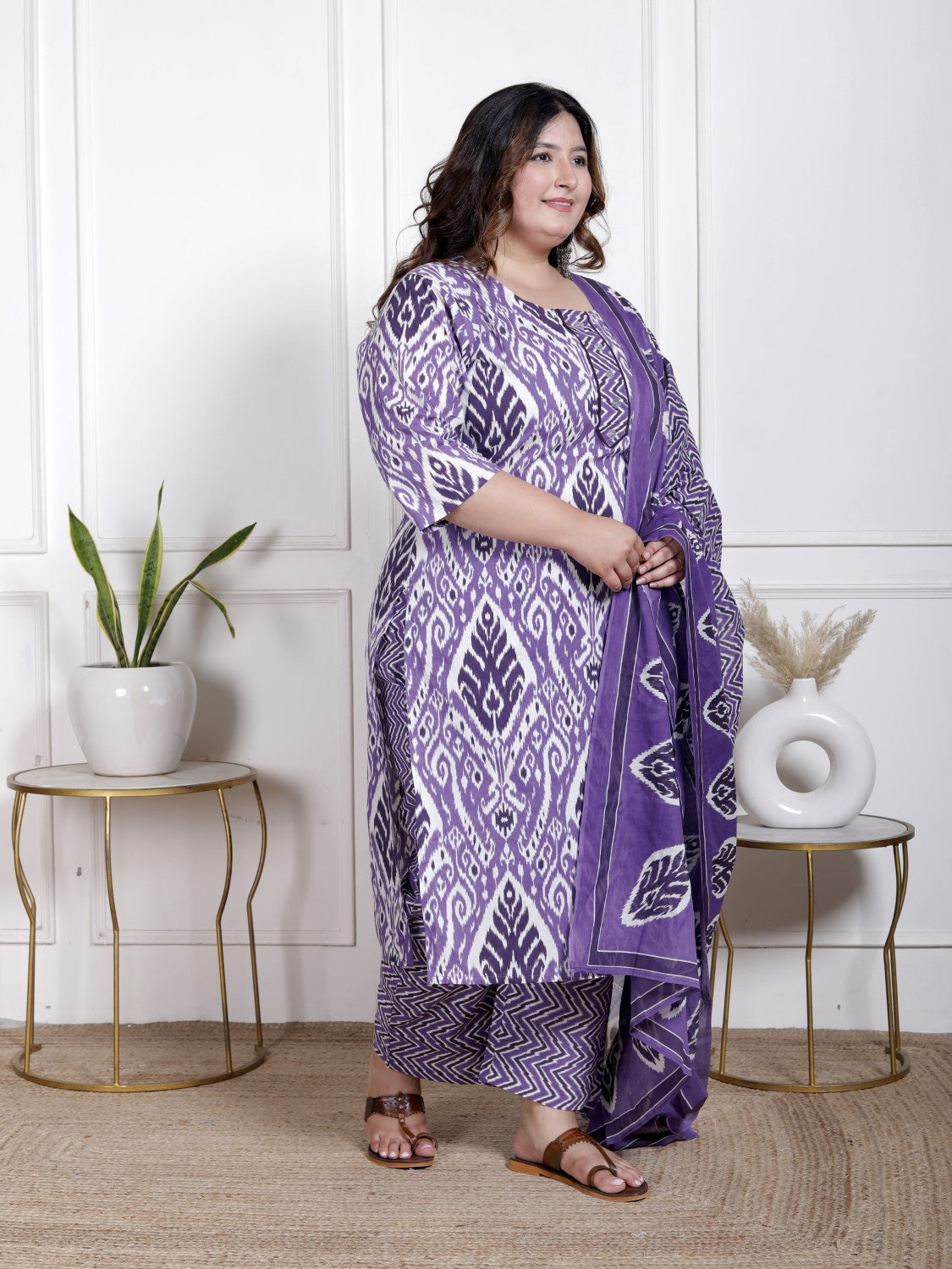 Plus Size Purple Cotton Printed Kurta Pant Set with Dupatta-200065