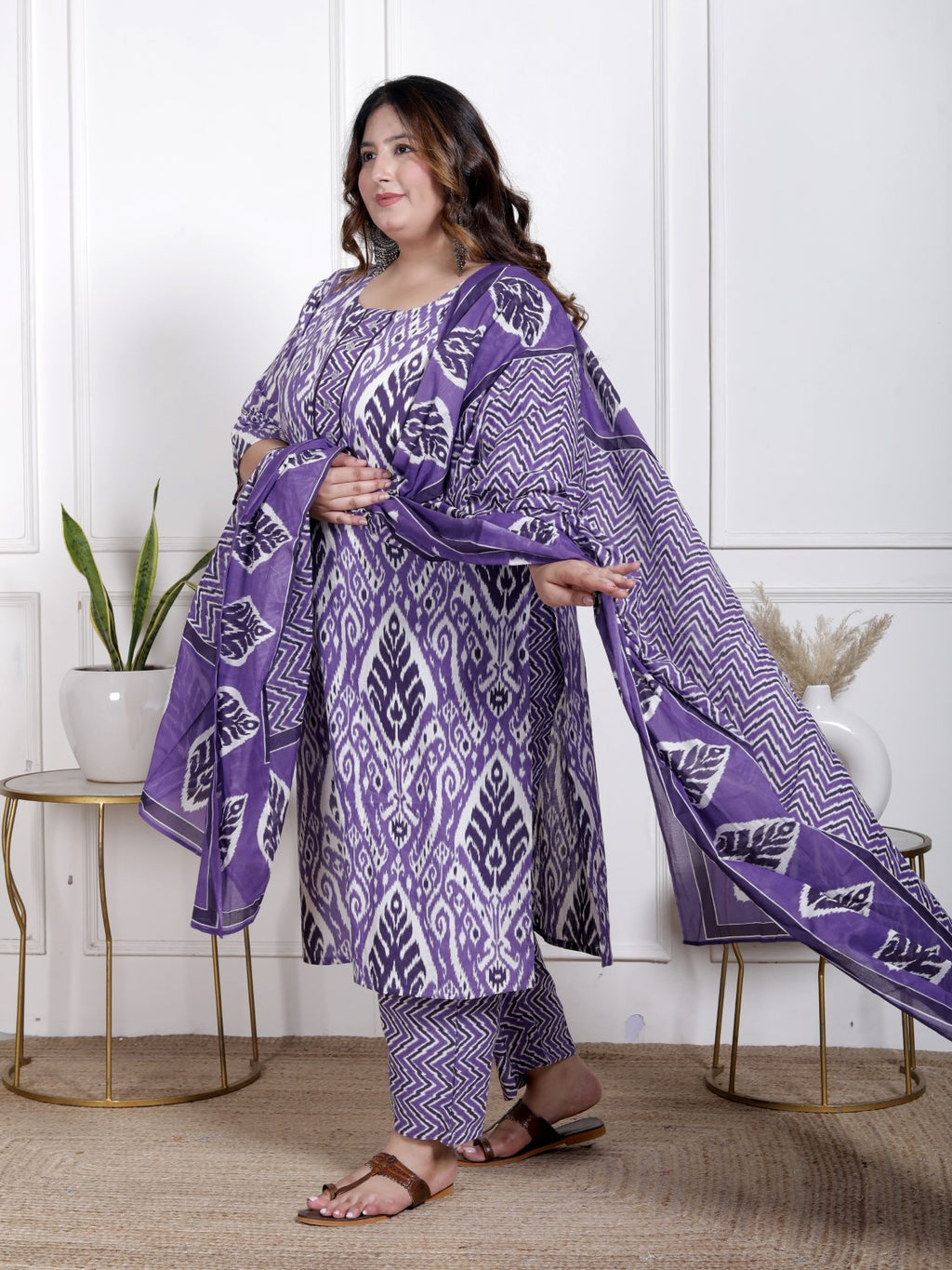 Plus Size Purple Cotton Printed Kurta Pant Set with Dupatta-200065