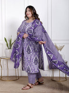 Plus Size Purple Cotton Printed Kurta Pant Set with Dupatta-200065
