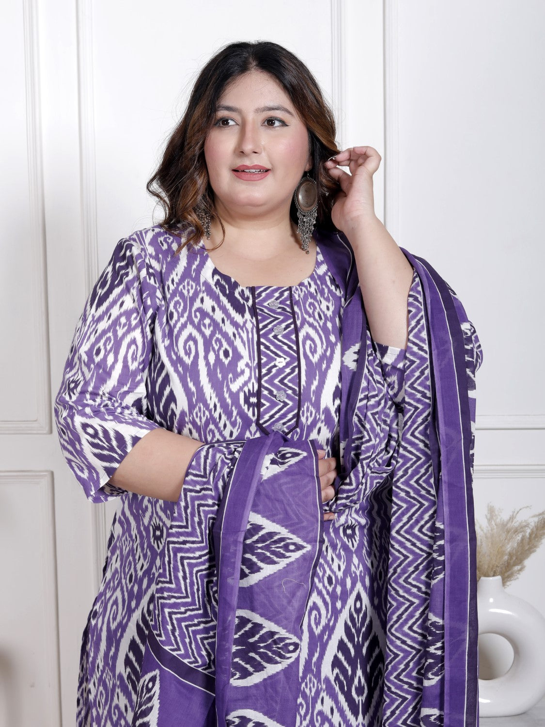 Plus Size Purple Cotton Printed Kurta Pant Set with Dupatta-200065