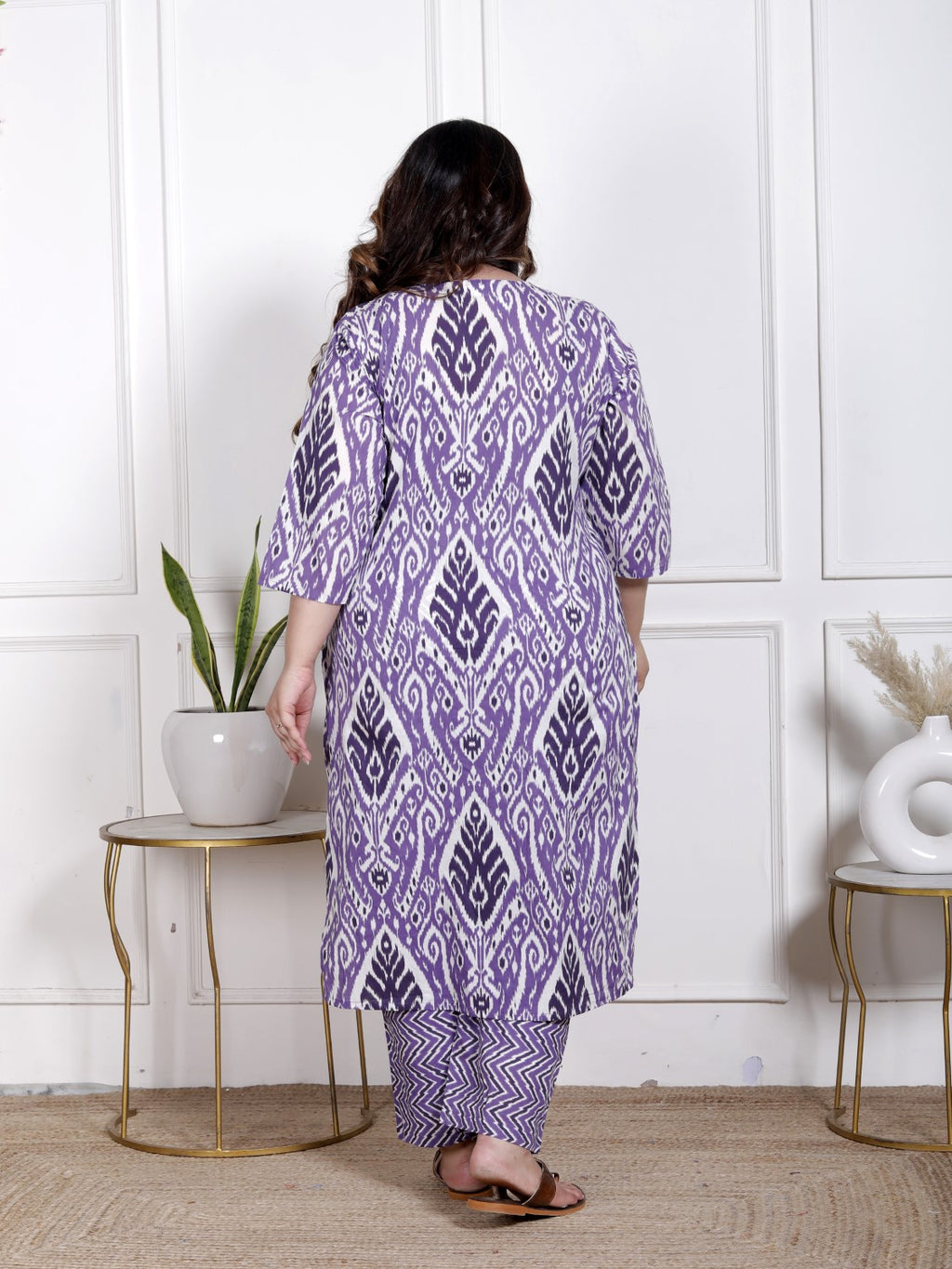 Plus Size Purple Cotton Printed Kurta Pant Set with Dupatta-200065
