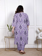 Plus Size Purple Cotton Printed Kurta Pant Set with Dupatta-200065