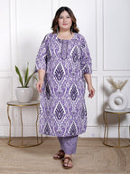 Plus Size Purple Cotton Printed Kurta Pant Set with Dupatta-200065