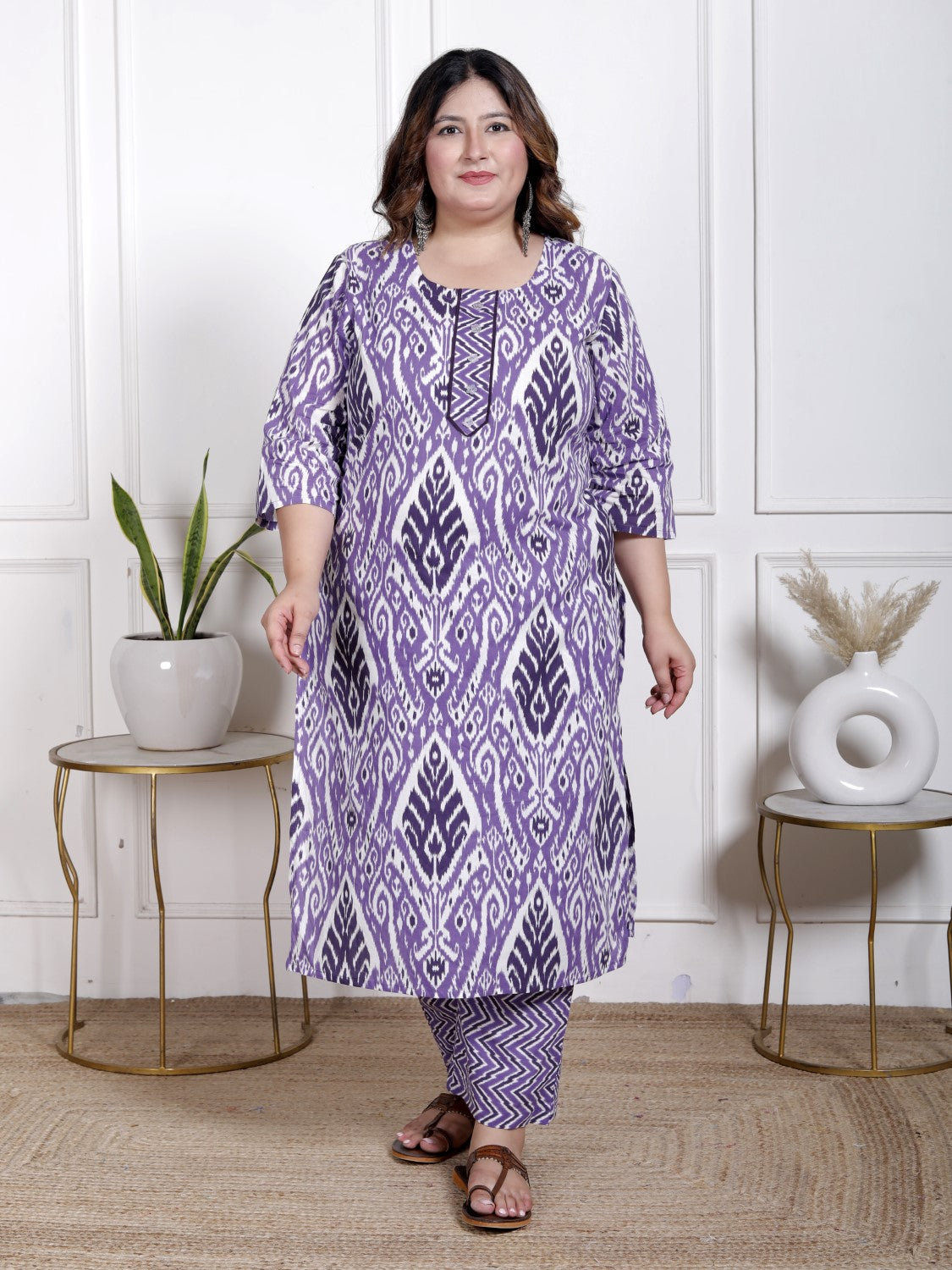 Plus Size Purple Cotton Printed Kurta Pant Set with Dupatta-200065