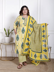 Plus Size Yellow Cotton Printed Kurta Pant Set with Dupatta-200066