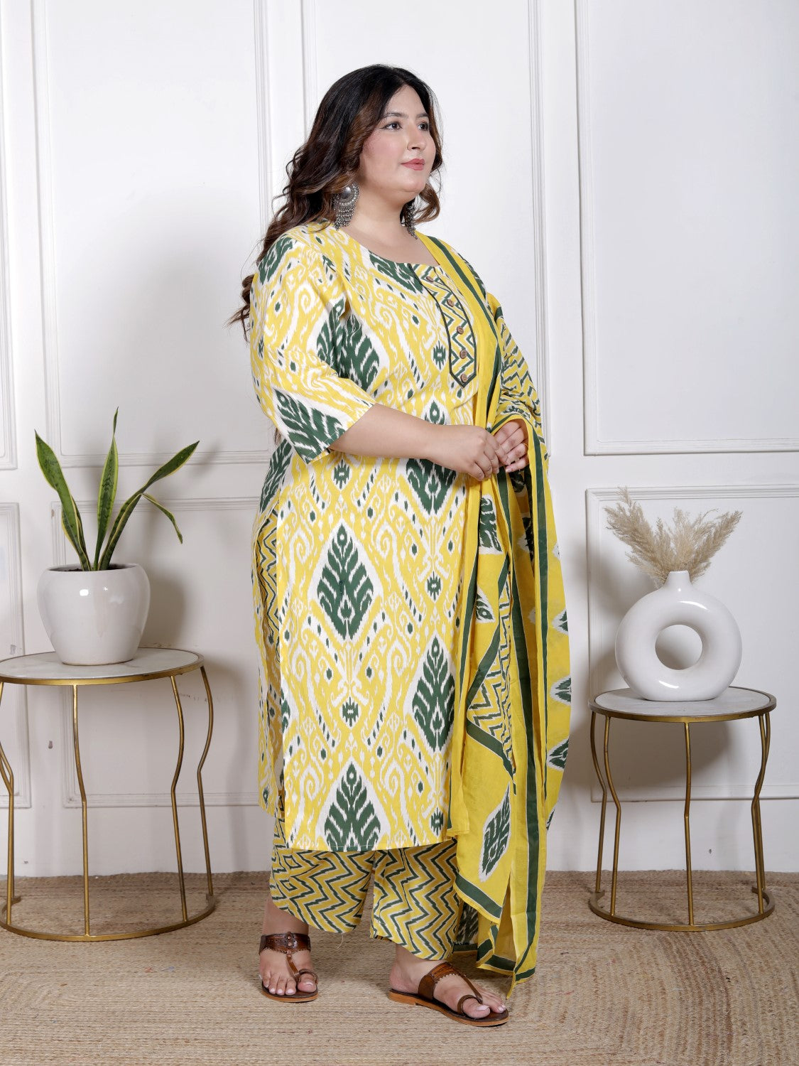 Plus Size Yellow Cotton Printed Kurta Pant Set with Dupatta-200066