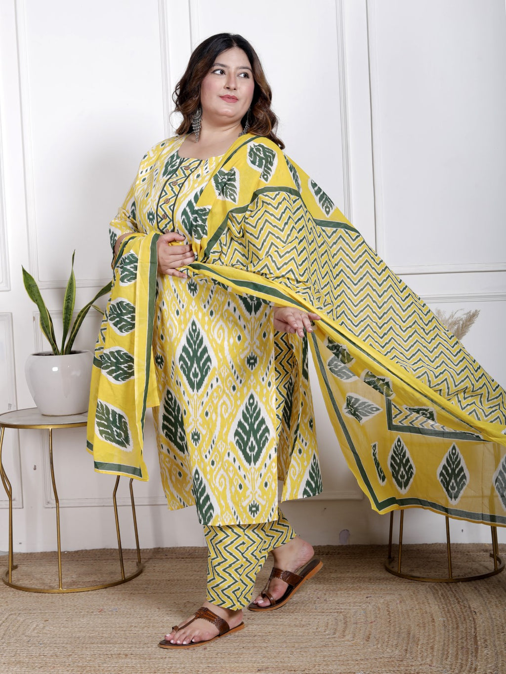Plus Size Yellow Cotton Printed Kurta Pant Set with Dupatta-200066